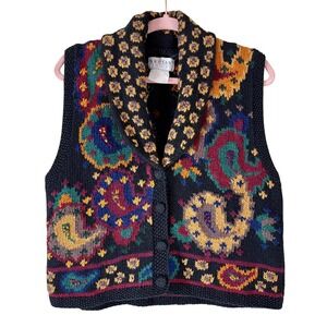 Artisan Wear Knit Vest‎ Women's Medium Black Paisley Leopard Print Unique Heavy